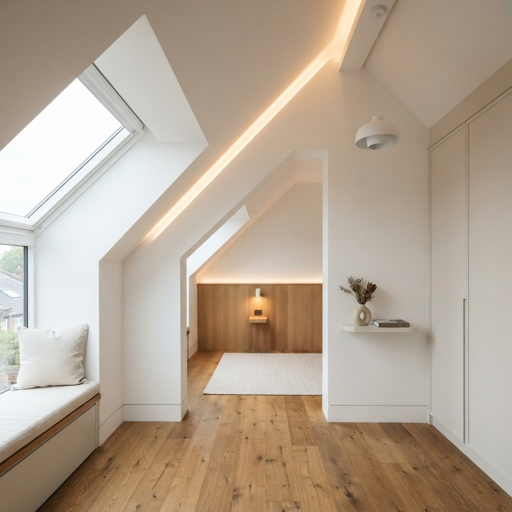 Finished plasterboard and lighting inside the attic room
